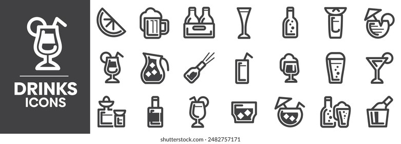 Drinks Icons Set, Containing All Drinks Icons Outlines, Vector Illustration Collection Editable eps10