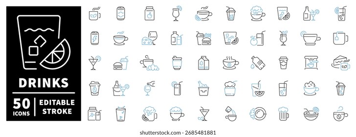 Conjunto de ícones de bebidas: ícones de linha editáveis para bebidas, símbolos de esboço e coquetel