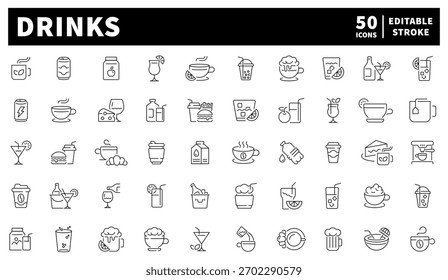Conjunto de iconos de bebidas. iconos de línea editables, contorno, bebidas y símbolos de refresco