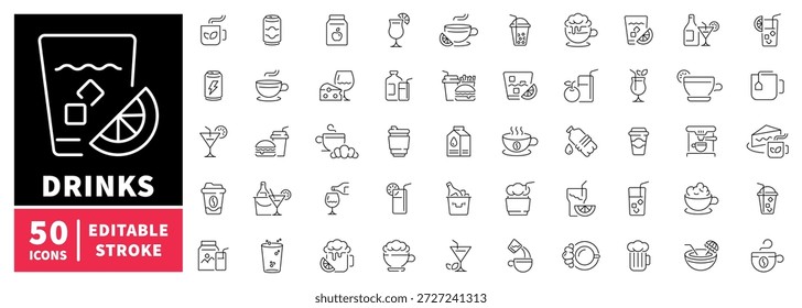 Drinks icons set. editable line icons, outline, beverages, and refreshment symbols