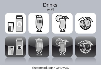 Drinks icons. Set of editable vector monochrome illustrations.