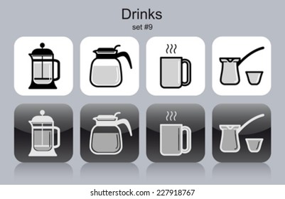 Drinks icons. Set of editable vector monochrome illustrations.