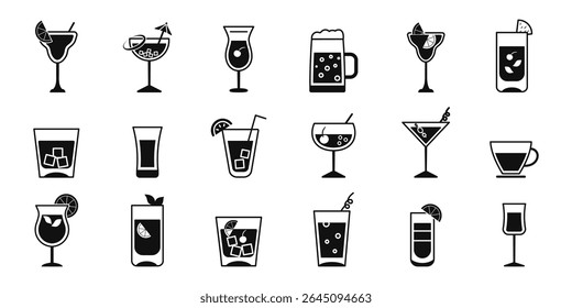 Drinks icons set. Glass wine, cocktails, coffee, tea, beer. Vector.