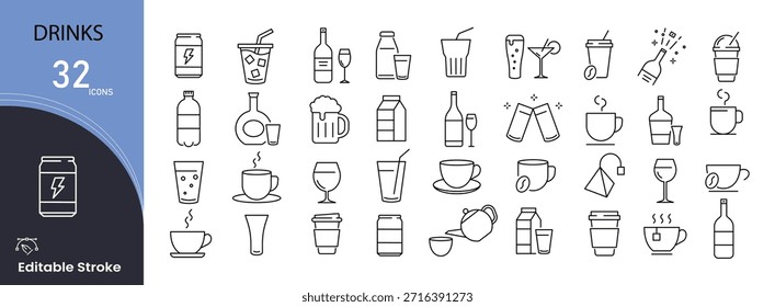 Conjunto de iconos de bebidas. Incluye iconos para bebidas, bebidas frías y calientes, jugos, té, café y refrescos. Perfecto para menús, cafés y elementos visuales relacionados con la comida. Trazo editable.