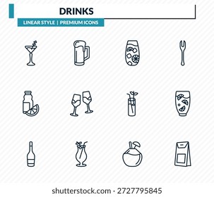Bebidas Iconos Set - Manhattan bebida, taza de cerveza, Tom Collins, zumo de limón, colección de Vector de contorno de bolso de café.