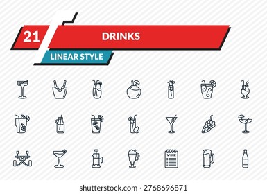 drinks icons set - manhattan, ice bucket and bottle, planter's punch, beer mug, lime rickey drink outline vector collection.