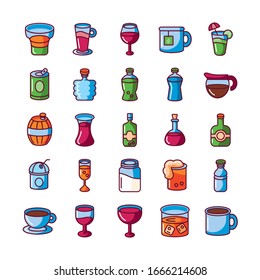 Getränkesymbole auf weißem Hintergrund, Füllungsstil, Vektorillustration