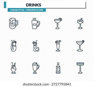 drinks icons set - pub, boiling, daiquiri, cosmopolitan, irish sour outline vector collection.