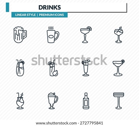 drinks icons set - pub, boiling, daiquiri, cosmopolitan, irish sour outline vector collection.