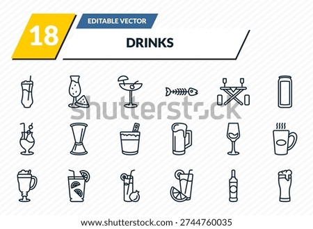 drinks icons set - ramos gin fizz, watermelon juice, pink rose, vodka, pint of beer outline vector collection.