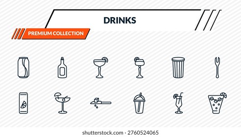 drinks icons set -  , rum, daiquiri, pink rose, caipiroska outline vector collection.