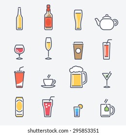 Drinks Icons Set. Trendy Thin Line Design with Flat Elements. Vector Illustration.