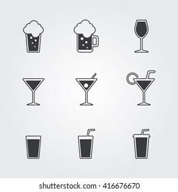Drinks icons set. Vector gray beverages for cafe and restaurant.