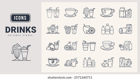 Drinks Icons set. Vector illustration in modern thin line style of drinks icons.