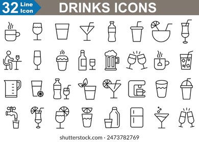 Drinks icons set vector illustrator. Last Word, pomegranate martini, Mai Thai, margarita, water jug, wine toast.modern vector style.