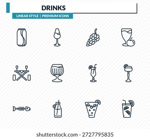 drinks icons set -  , wine toast, bunch of grapes, sidecar drink, caipirinha outline vector collection.