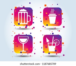 Drinks icons. Take away coffee cup and glass of beer symbols. Wine glass and cocktail signs. Colour gradient square buttons. Flat design concept. Vector