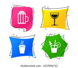 Drinks icons. Take away coffee cup and glass of beer symbols. Wine glass and cocktail signs. Geometric colorful tags. Banners with flat icons. Trendy design. Vector