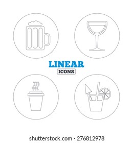 Drinks icons. Take away coffee cup and glass of beer symbols. Wine glass and cocktail signs. Linear outline web icons. Vector