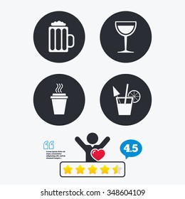 Drinks icons. Take away coffee cup and glass of beer symbols. Wine glass and cocktail signs. Star vote ranking. Client like and think bubble. Quotes with message.