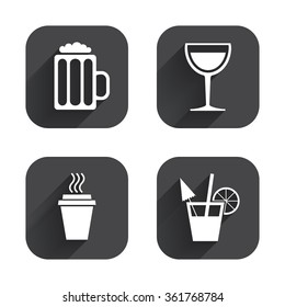 Drinks icons. Take away coffee cup and glass of beer symbols. Wine glass and cocktail signs. Square flat buttons with long shadow.