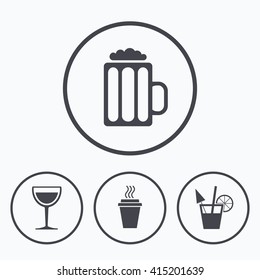 Drinks icons. Take away coffee cup and glass of beer symbols. Wine glass and cocktail signs. Icons in circles.