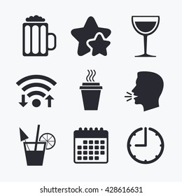 Drinks icons. Take away coffee cup and glass of beer symbols. Wine glass and cocktail signs. Wifi internet, favorite stars, calendar and clock. Talking head. Vector