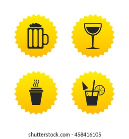 Drinks icons. Take away coffee cup and glass of beer symbols. Wine glass and cocktail signs. Yellow stars labels with flat icons. Vector