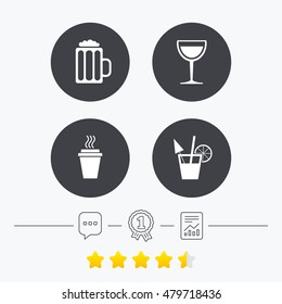 Drinks icons. Take away coffee cup and glass of beer symbols. Wine glass and cocktail signs. Chat, award medal and report linear icons. Star vote ranking. Vector