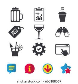 Drinks icons. Take away coffee cup and glass of beer symbols. Wine glass and cocktail signs. Browser window, Report and Service signs. Binoculars, Information and Download icons. Stars and Chat