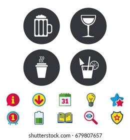Drinks icons. Take away coffee cup and glass of beer symbols. Wine glass and cocktail signs. Calendar, Information and Download signs. Stars, Award and Book icons. Light bulb, Shield and Search