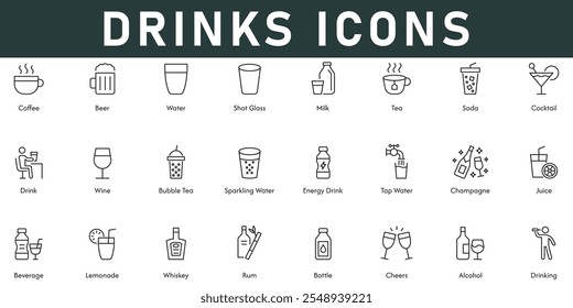 Bebidas Iconos Ilustración vectorial con línea delgada editable stroke contiene café cerveza agua leche soda cóctel vino burbuja té bebida energética botella de jugo de champán limonada bebida