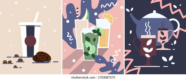 Drinks illustration, coffee with American cookies and coffee beans, three lemonades: mojito, mango smoothie and orange juice on tropical background. Tea set with tea cups and a teapot with leaves