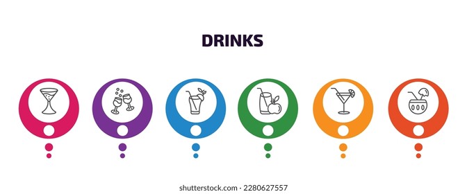 drinks infographic template with icons and 6 step or option. drinks icons such as flirtini, glasses with wine, bloody mary, juice, cosmopolitan, planter's punch vector. can be used for banner, info