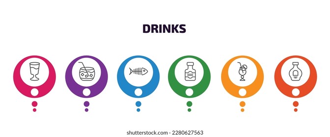 bebe una plantilla de infografía con iconos y 6 pasos o opción. iconos de bebidas como bebida borradora de la mente, caipiroska, esqueleto de pescado, whisky, laguna azul, vector de coñac. se puede usar para banner, info