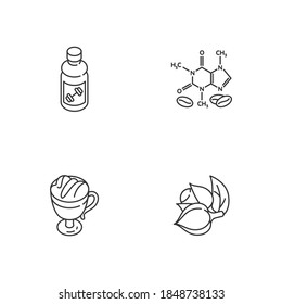 Iconos lineales para bebidas e ingredientes. La fórmula cafeína. Planta de Guarana. Café. Beber de energía. Símbolos de contorno de línea delgada personalizables. Ilustraciones aisladas del contorno vectorial. Trazo editable