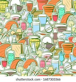 Drinks and Japanese food pattern. Background for printing, design, web. Seamless. Colored.