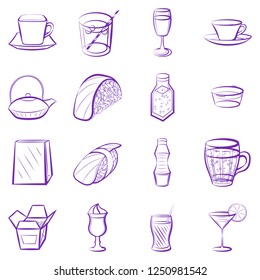 Drinks and Japanese food set. Background for printing, design, web. Usable as icons. Seamless. Color.