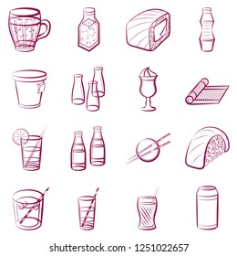 Drinks and Japanese food set. Background for printing, design, web. Usable as icons. Seamless. Color.