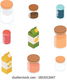 Drinks and jars set. Isometric vector illustration in flat design.