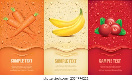 Drinks and juice background with drops and carrot, banana, cranberry	