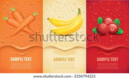 Drinks and juice background with drops and carrot, banana, cranberry	