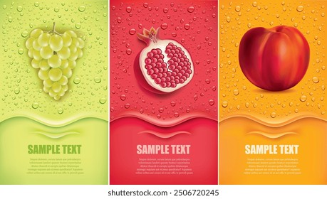 Drinks and juice background with drops and grape, pomegranate, peach	