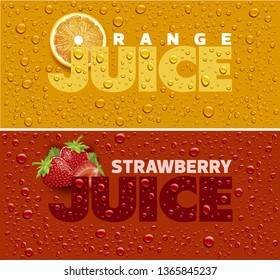 Drinks and juice background with drops and orange slice and strawberry