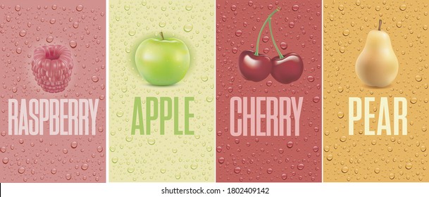 Drinks and juice background with drops and raspberry, apple, cherry, pear	