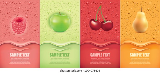 Drinks and juice background with drops and raspberry, apple, cherry, pear	