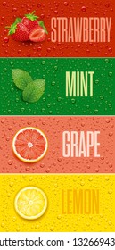 Drinks and juice background with drops and strawberry, lemon, mint and grapefruit