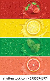 Drinks and juice background with splash, drops and grapefruit, lemon slice, mint leaf and strawberry	