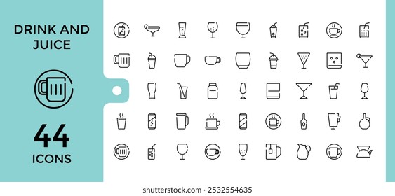 Drinks and juice web line icons set. outline thin icons such as ice tea, orange juice, martini, soft drink, lime rickey drink, beverage and more. Editable and pixel perfect vector illustration.