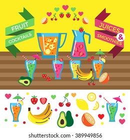 Drinks, juices, fruit cocktails, smoothies. Flat design style. Jars, glasses. Avocado, orange, cherry, banana, strawberry, lemon. Vector illustration.